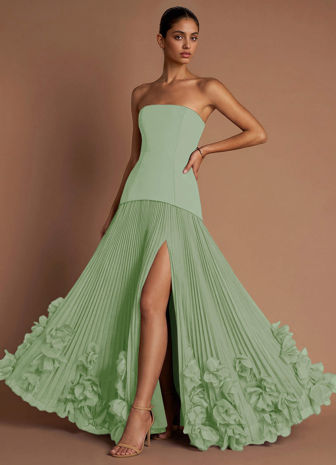 Marnie A-Line Corset Crepe Chiffon Evening Dress in Light Green