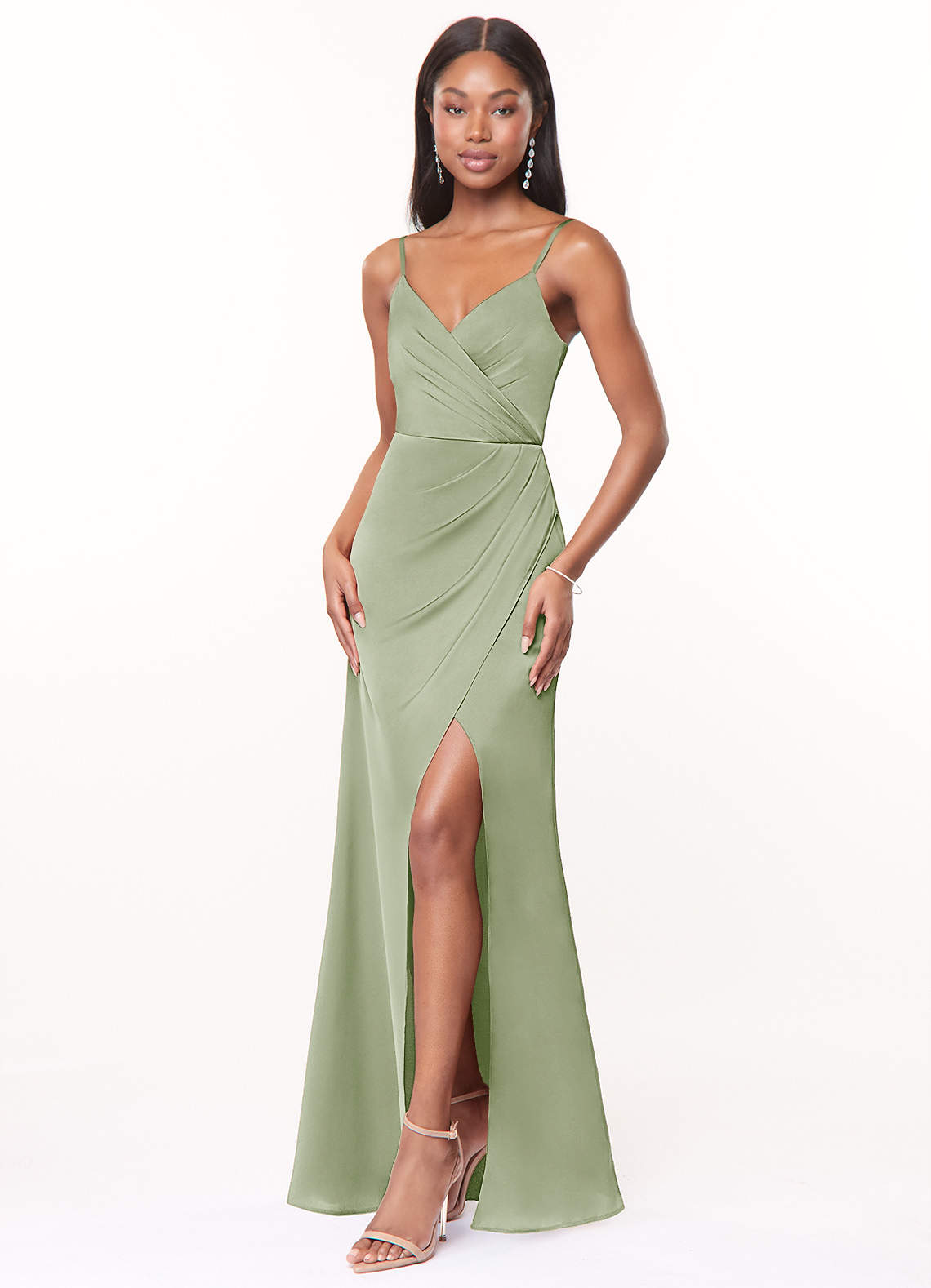 Maci A-Line V-Neck Stretch Satin Bridesmaid Dress in Dusty Sage