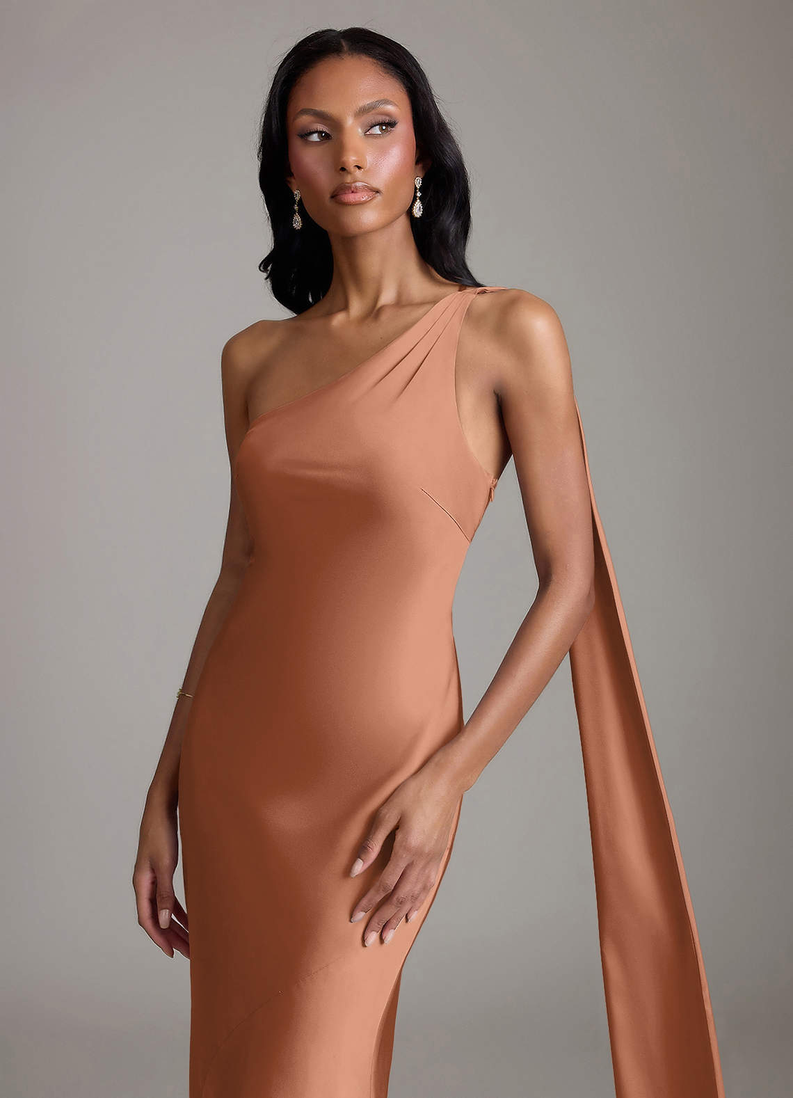 Juniper Mermaid One-Shoulder Stretch Satin Bridesmaid Dress in Bronzer