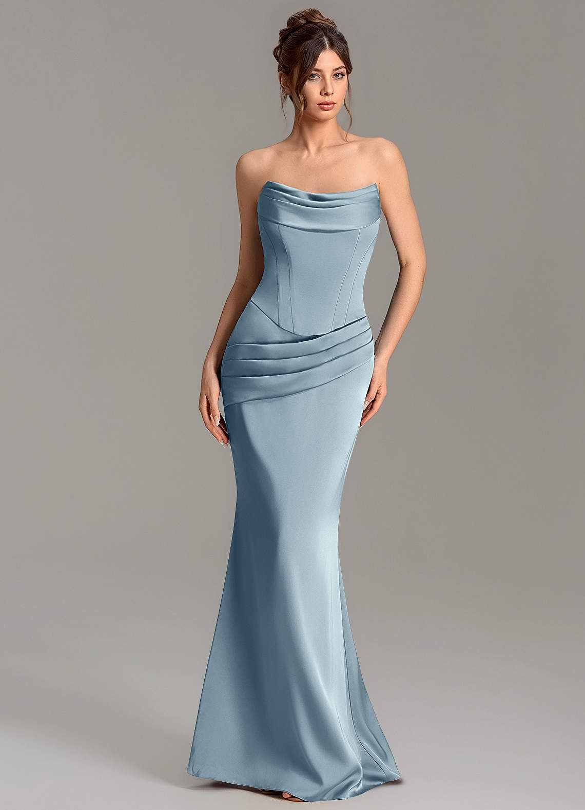 Adrienne Mermaid Cowl-Neck Stretch Satin Bridesmaid Dress in dusty blue