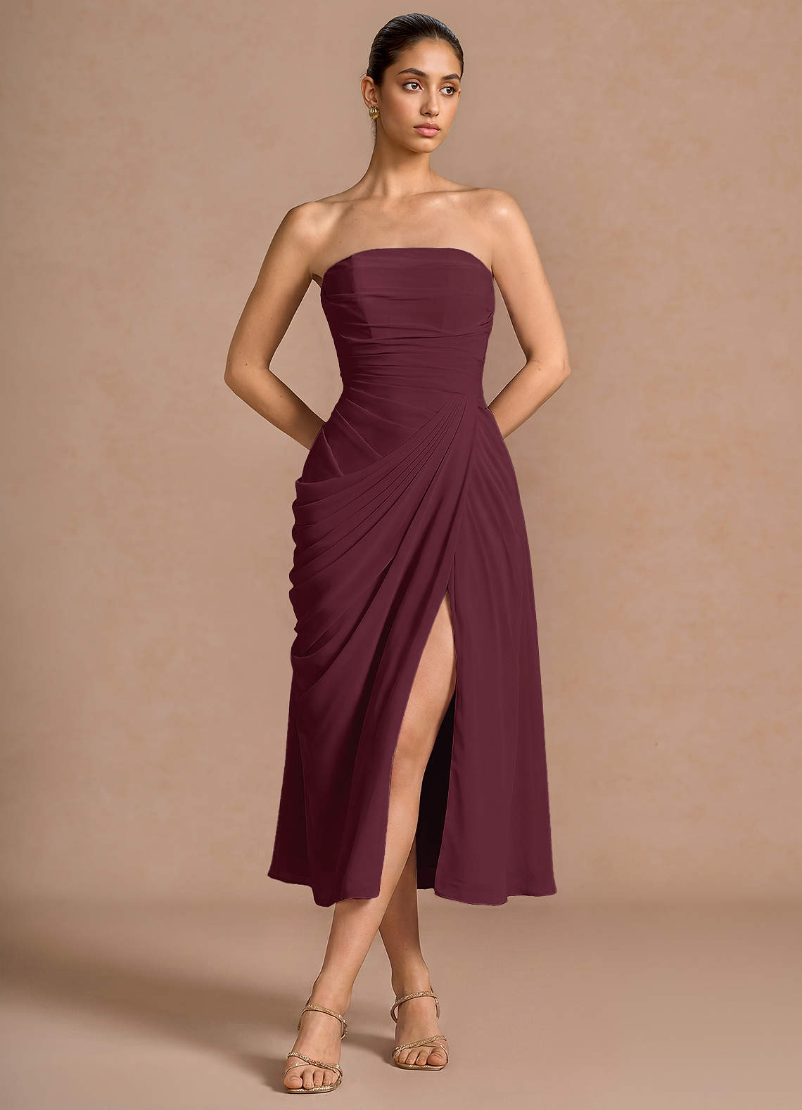 Kaavia Column Pleated Chiffon Midi Evening Dress in Wine