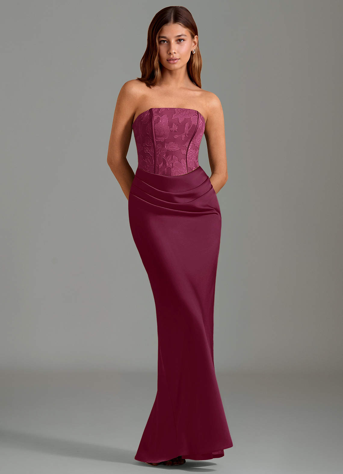 Emilia Mermaid Strapless Stretch Satin and Floral Burnout Bridesmaid Dress in Mulberry