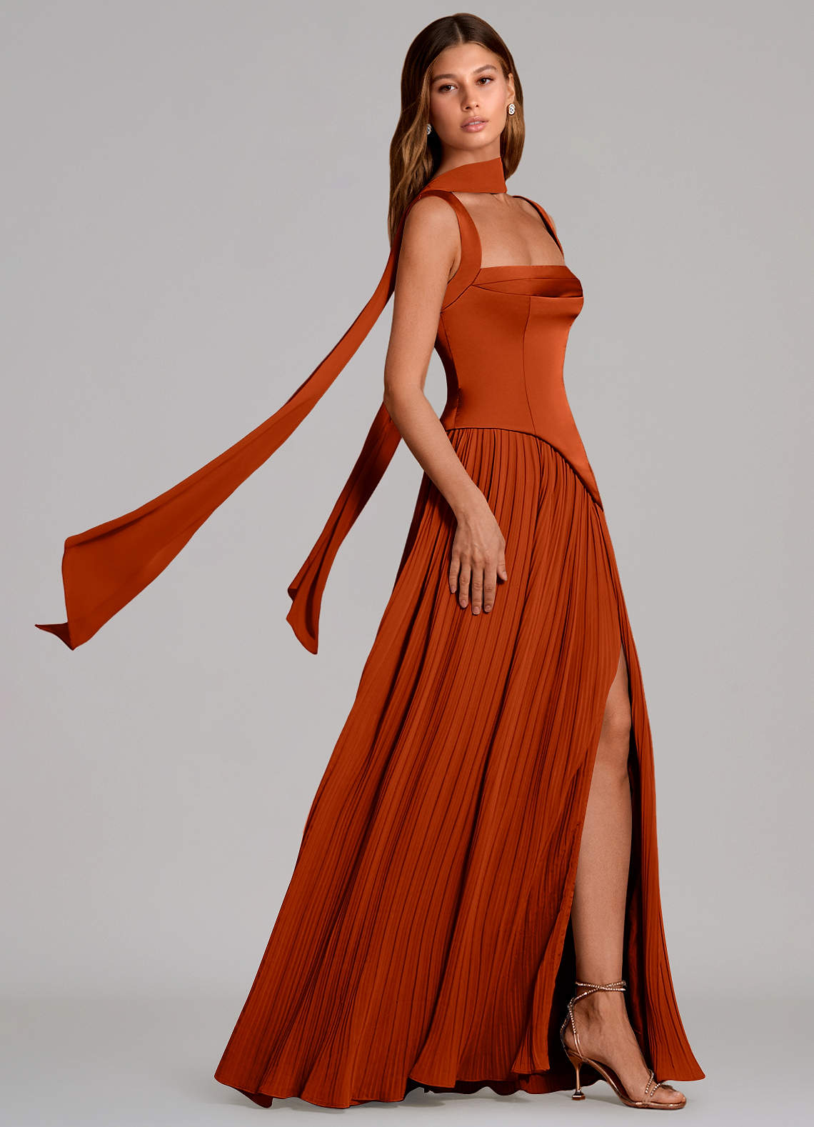 Stephanie A-Line Square-Neck Stretch Satin and Chiffon Bridesmaid Dress in Paprika