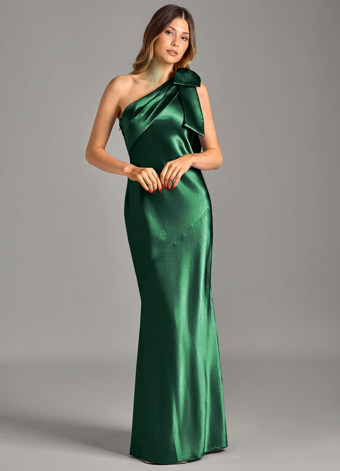 Yuanna Mermaid One-Shoulder Metallic Satin Bridesmaid Dress in Dark Green