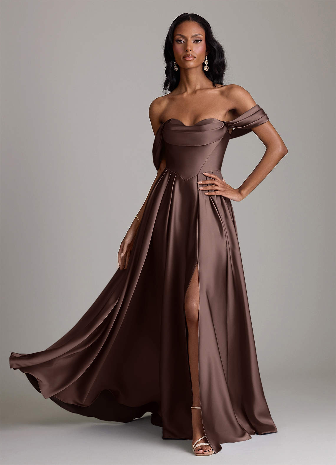 Loisa A-Line Off-the-Shoulder Stretch Satin Bridesmaid Dress in Ganache