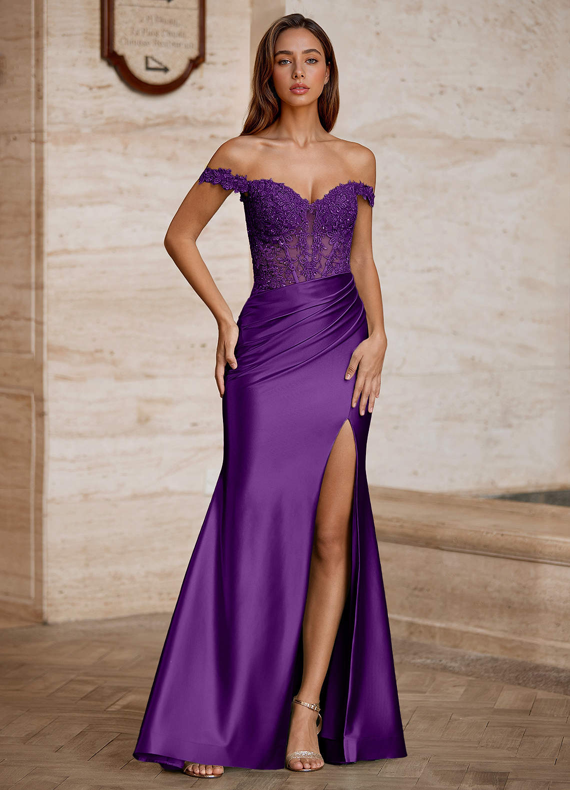 Wrentino Mermaid Off-the-Shoulder Stretch Satin Evening Dress in Wine