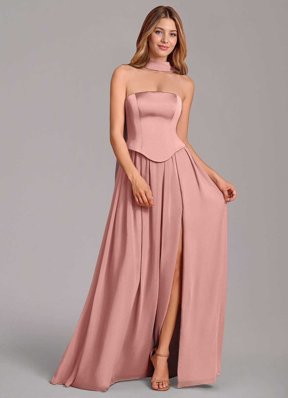 Cadence A-Line Strapless Chiffon and Stretch Satin Bridesmaid Dress in Rosette