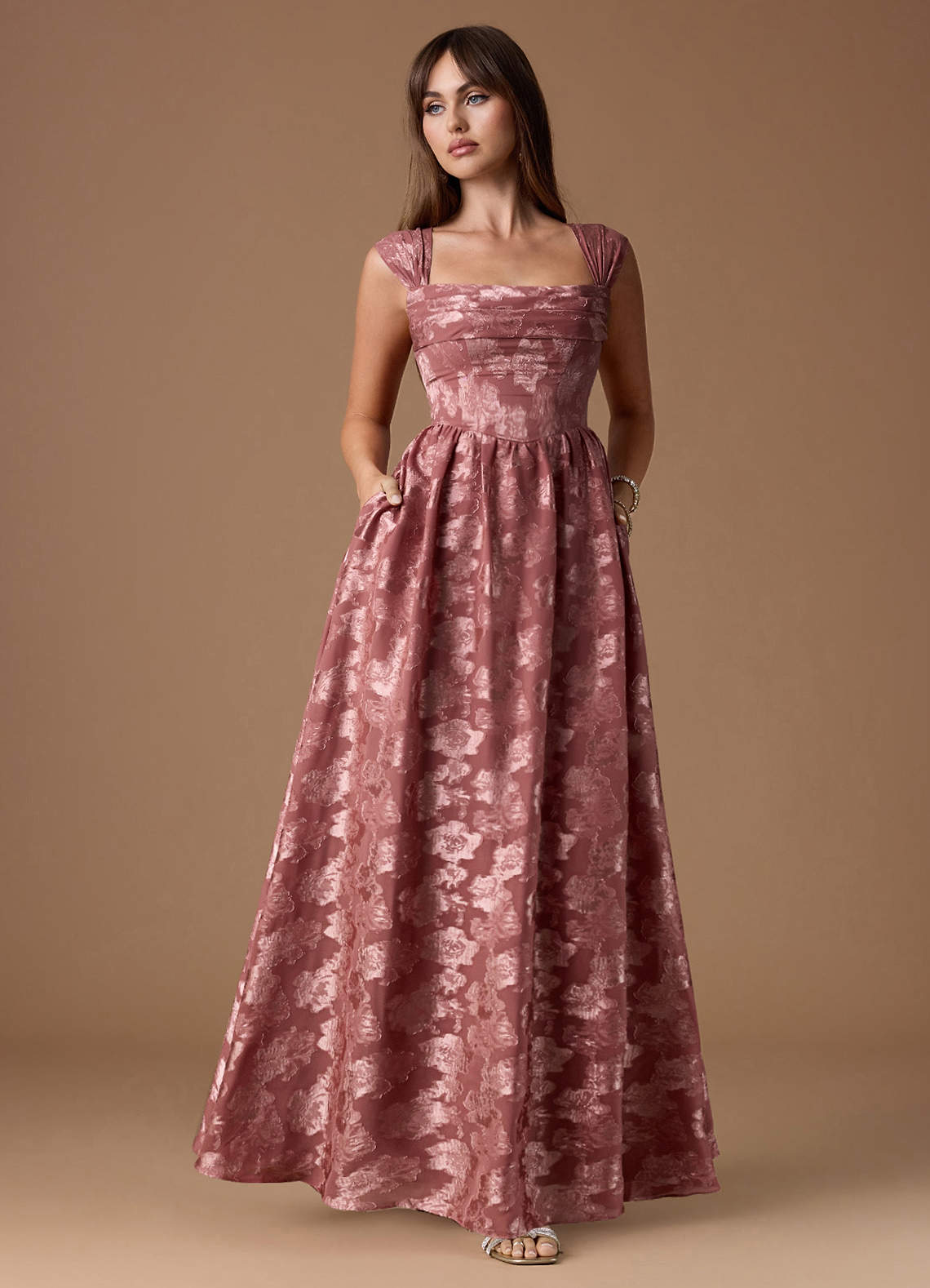 Hazel A-Line Cowl-Neck Fil Coupé Wedding Guest Dress in Vintage Rose