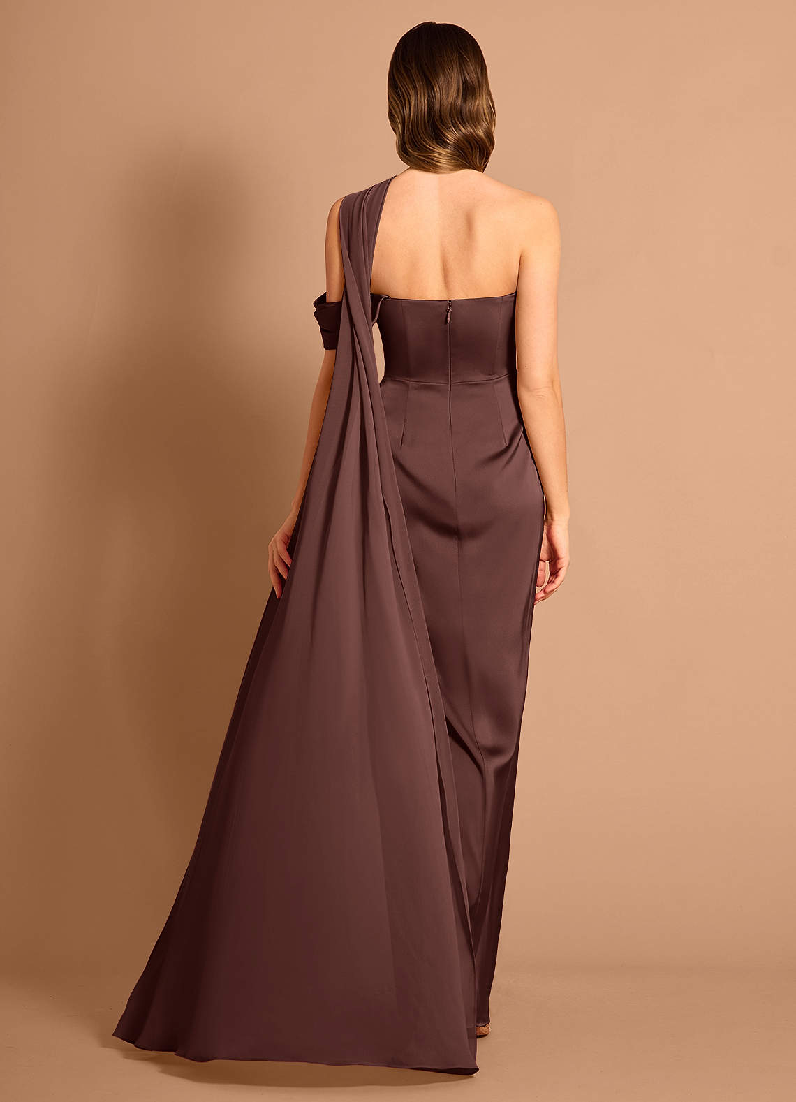 Meliora Asymmetric Strapless Chiffon-Drape Stretch Satin Evening Dress in Mocha Coco
