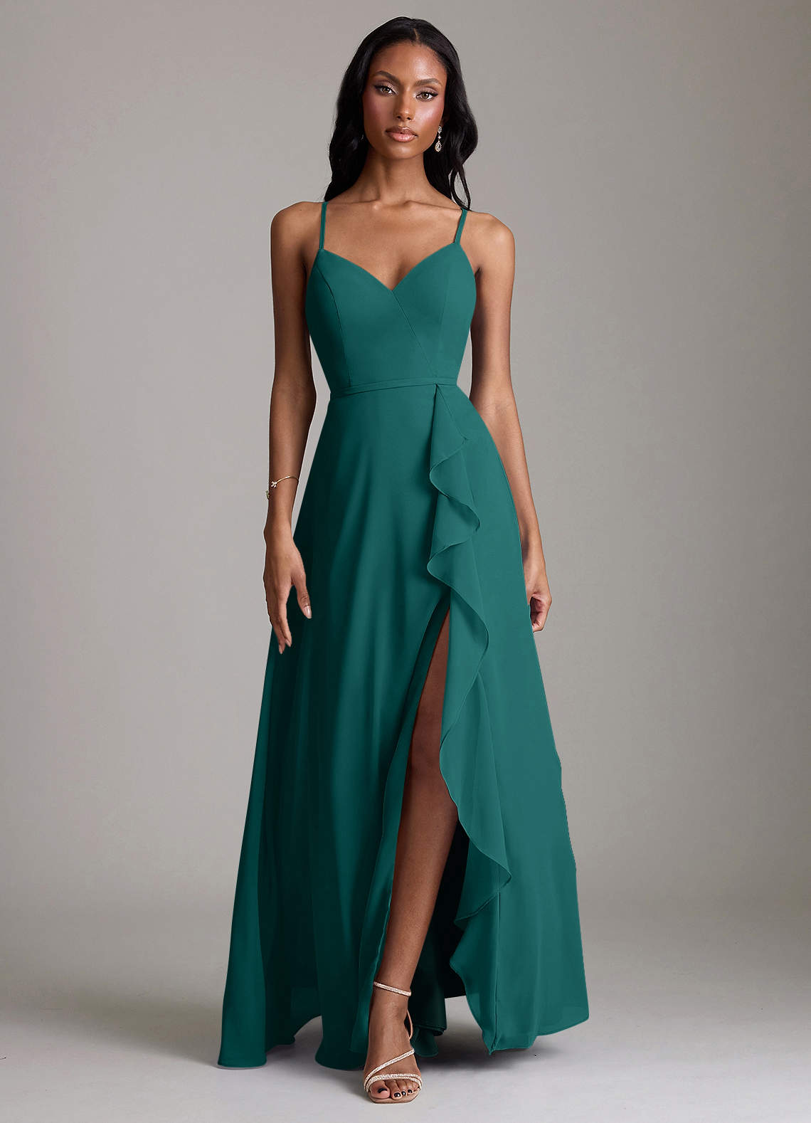 Naeem A-Line V-Neck Chiffon Bridesmaid Dress in Peacock