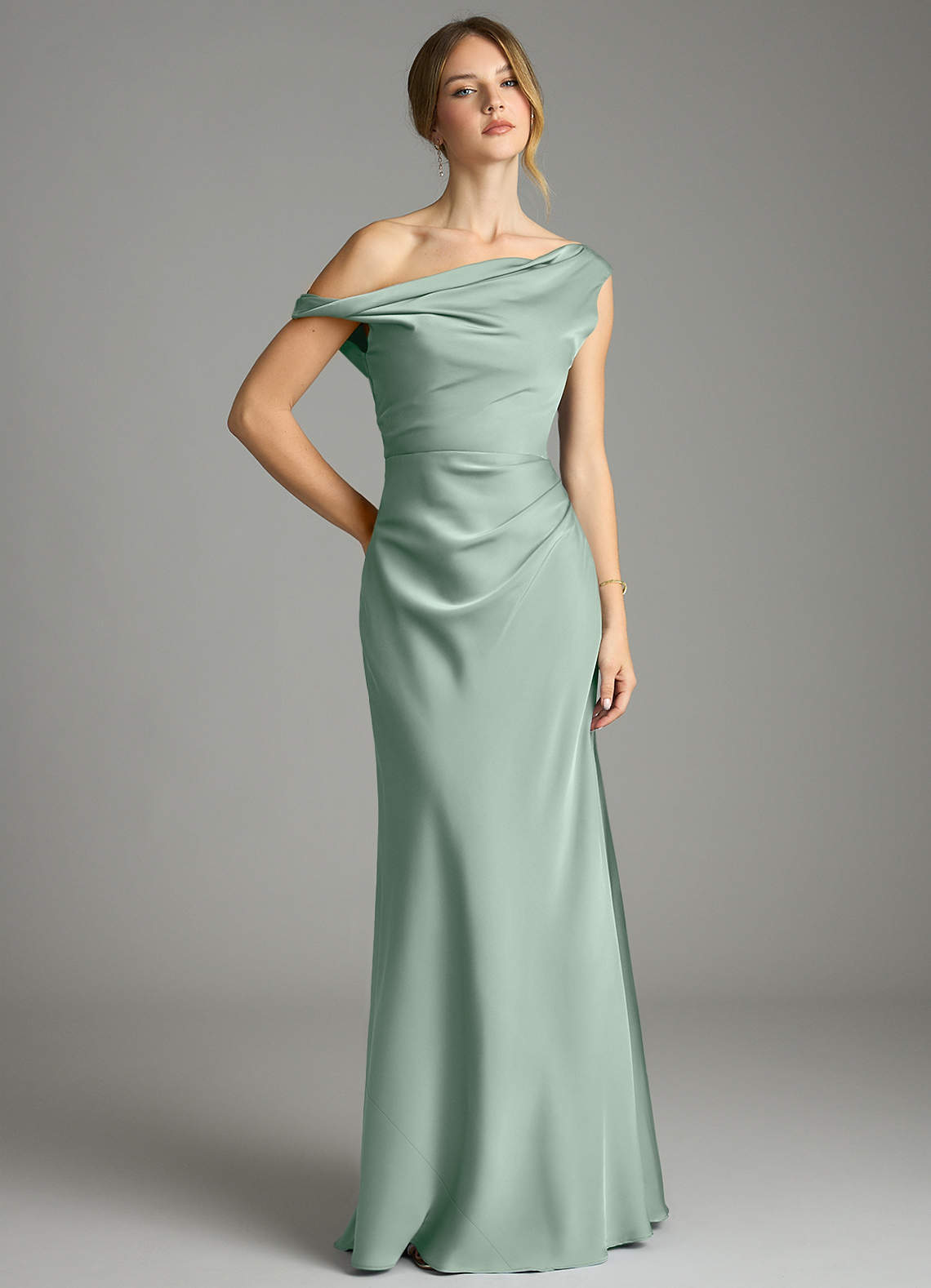 Emerson Mermaid One-Shoulder Stretch Satin Bridesmaid Dress in Agave