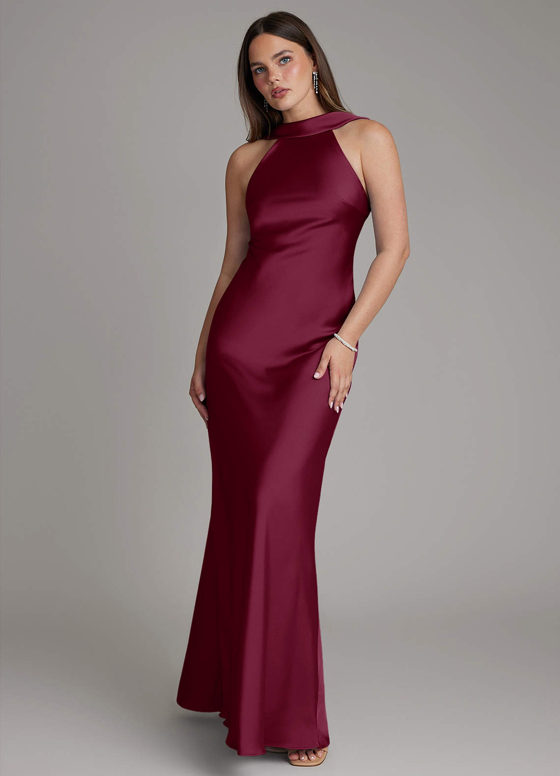 Dimitra Sheath Halter Stretch Satin Bridesmaid Dress in Mulberry
