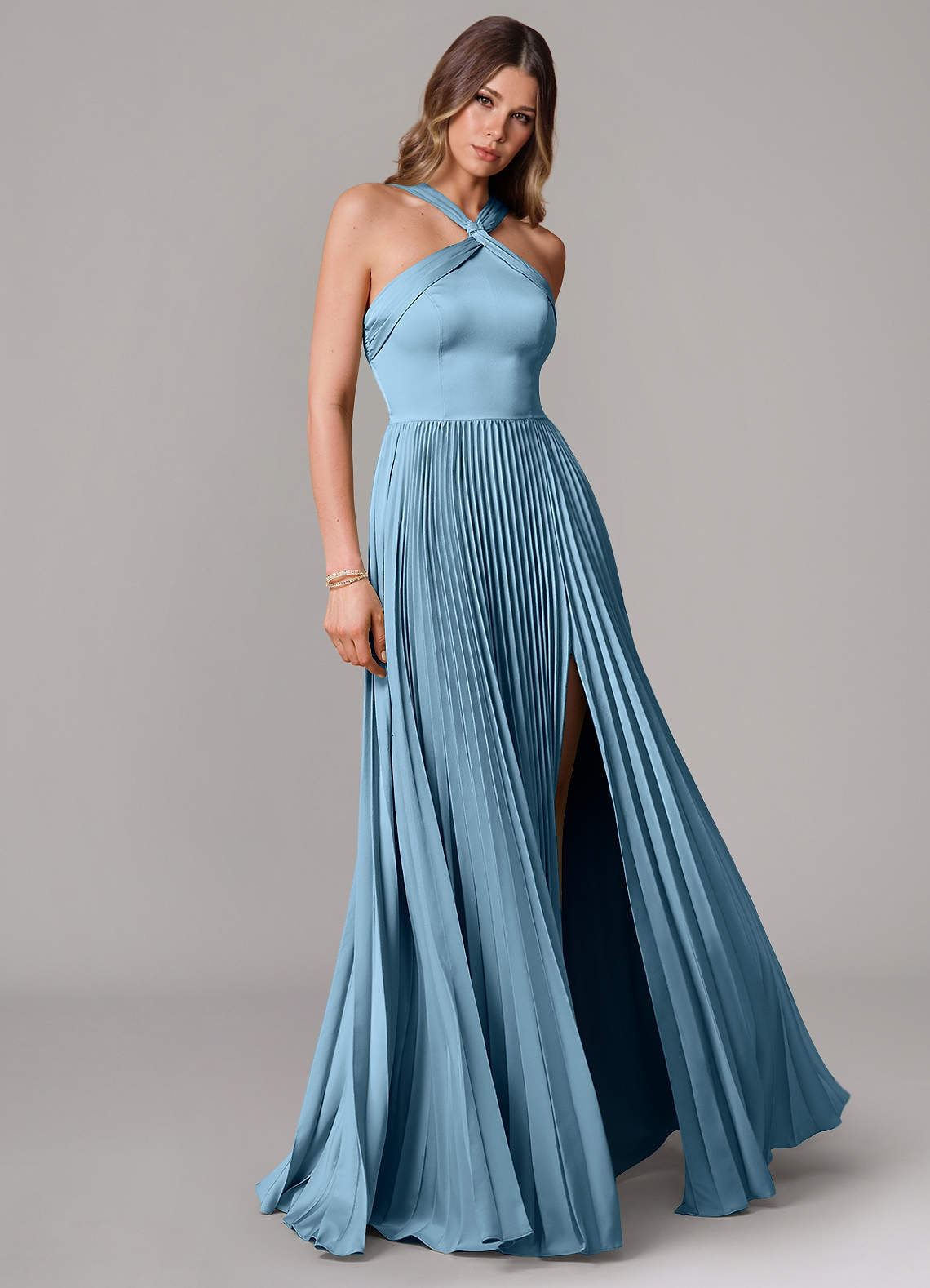Afra A-Line Halter-Neck Stretch Satin Bridesmaid Dress in Steel Blue