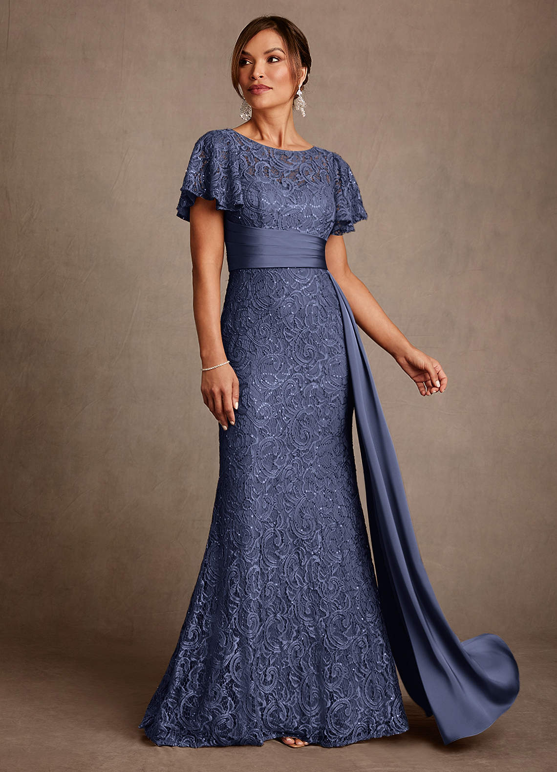 Harrison Mermaid Scoop-Neck Stretch Satin and Lace Mother of the Bride Dress in Stormy