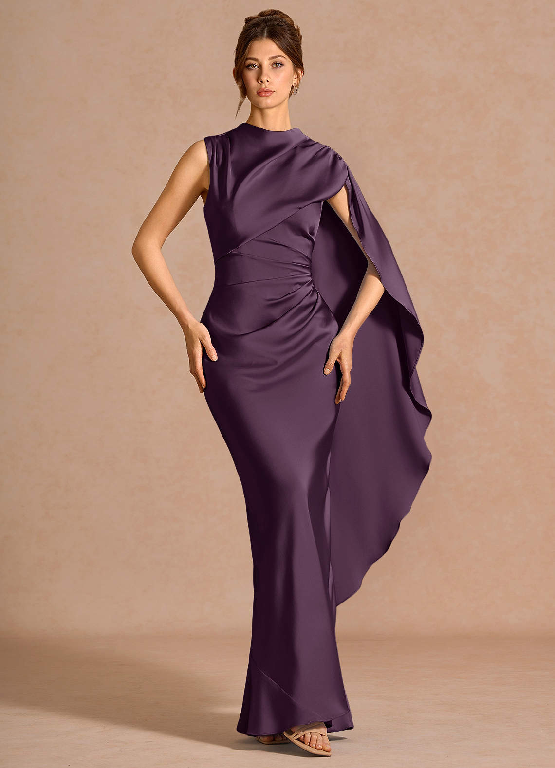 Chesney Cape-Sleeve Pleated Stretch Satin Wedding Guest Dress in Dark Purple