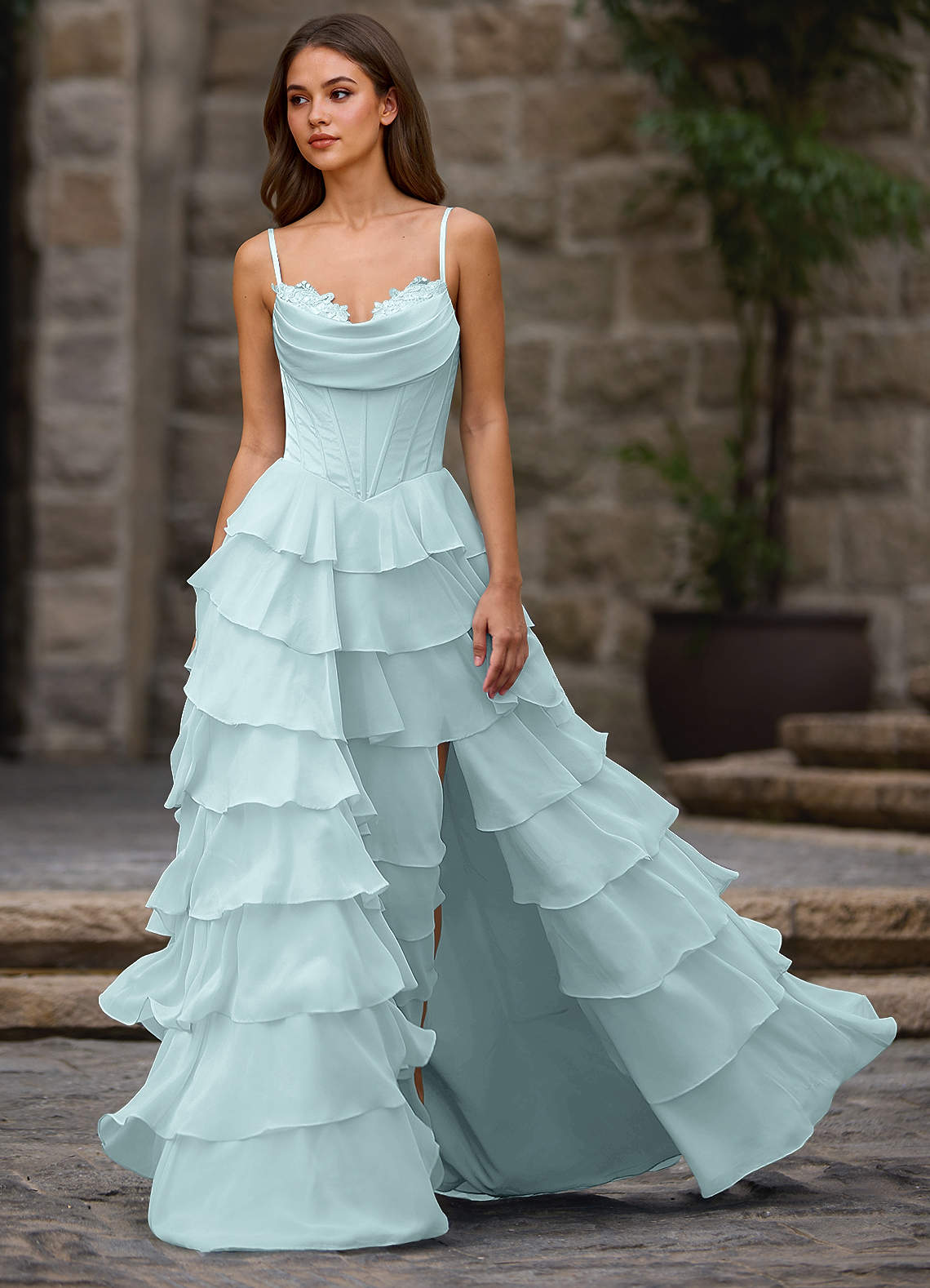Floralace A-Line Ruffle Chiffon Evening Dress in Mist