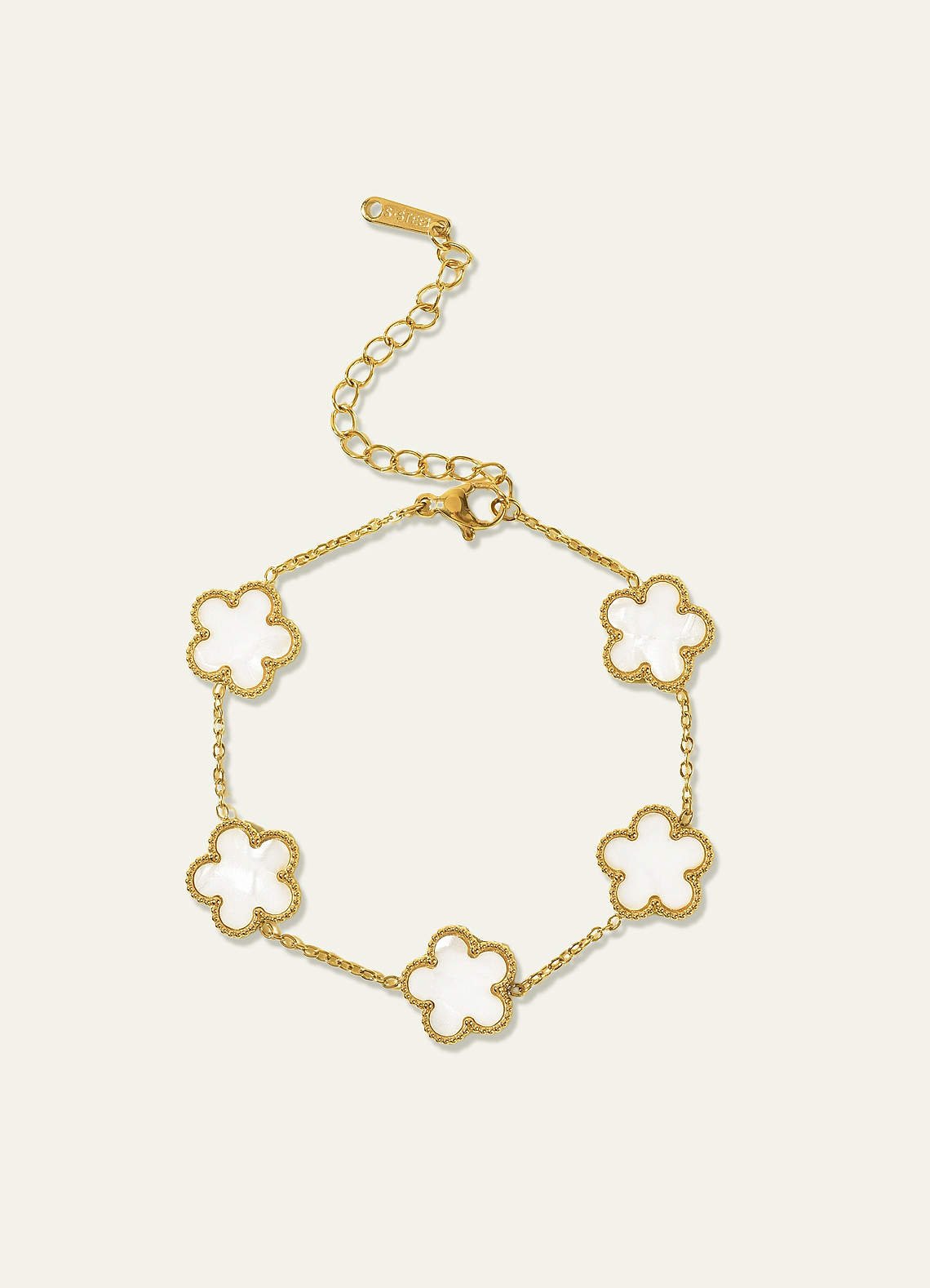 18K Gold Plated Stainless Steel Five-Leaf Clover Charm Bracelet — white — 图 3/16