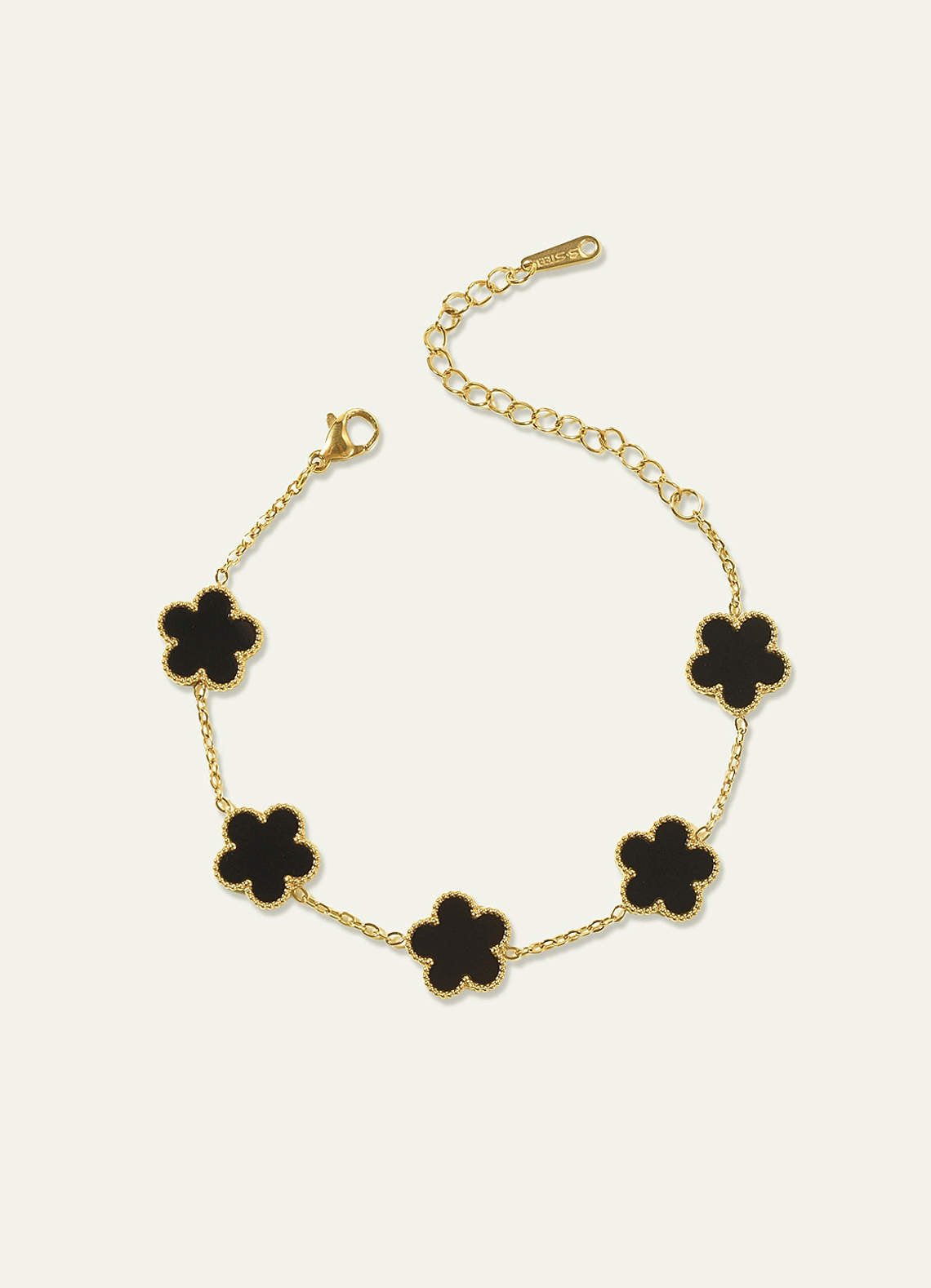 18K Gold Plated Stainless Steel Five-Leaf Clover Charm Bracelet — black — 图 15/16