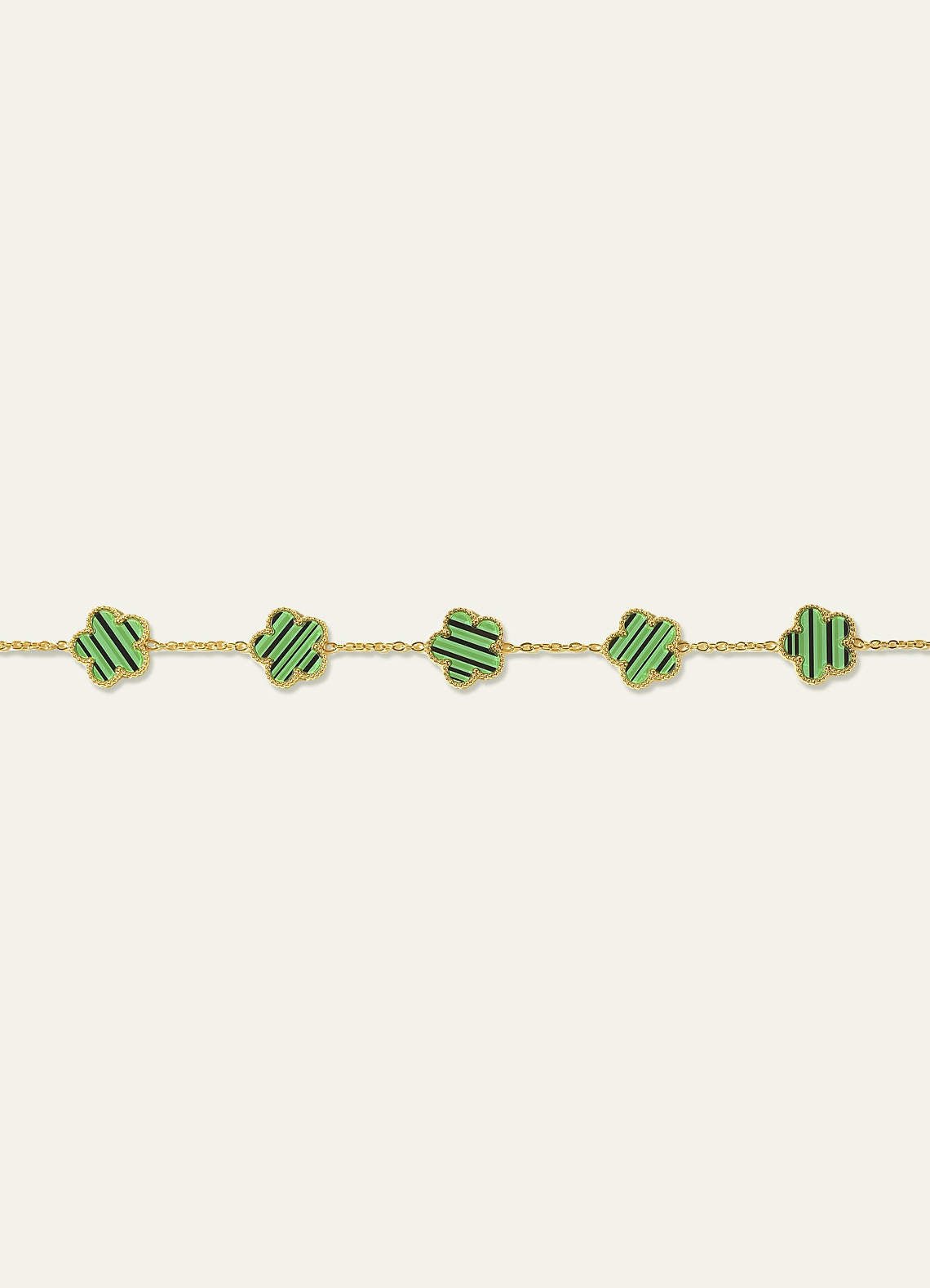 18K Gold Plated Stainless Steel Five-Leaf Clover Charm Bracelet — green — 图 6/16