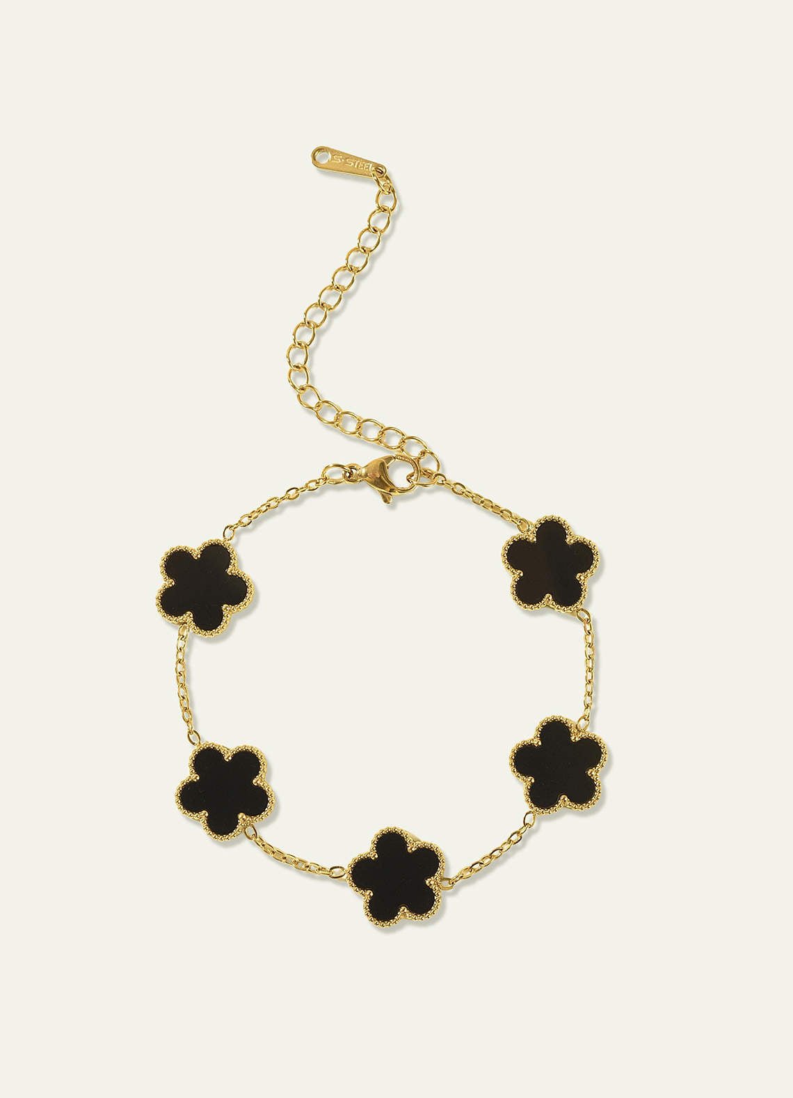 18K Gold Plated Stainless Steel Five-Leaf Clover Charm Bracelet — black — 图 5/16