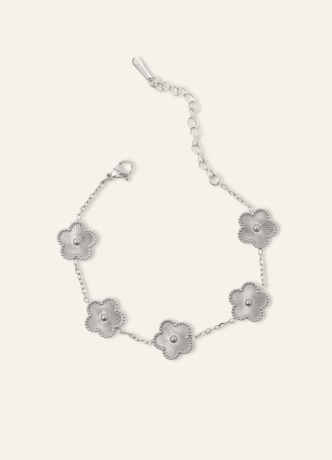 18K Gold Plated Stainless Steel Five-Leaf Clover Charm Bracelet — Silver — 图 14/16