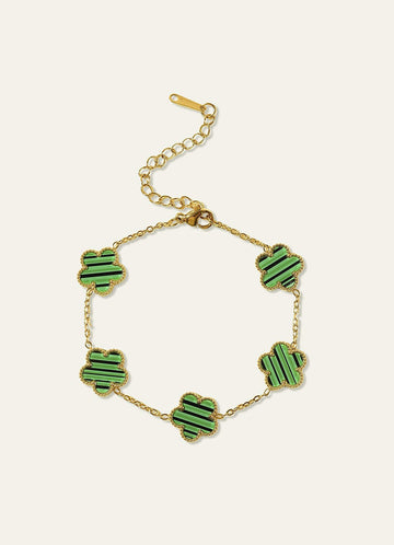 18K Gold Plated Stainless Steel Five-Leaf Clover Charm Bracelet — green — 图 1/16