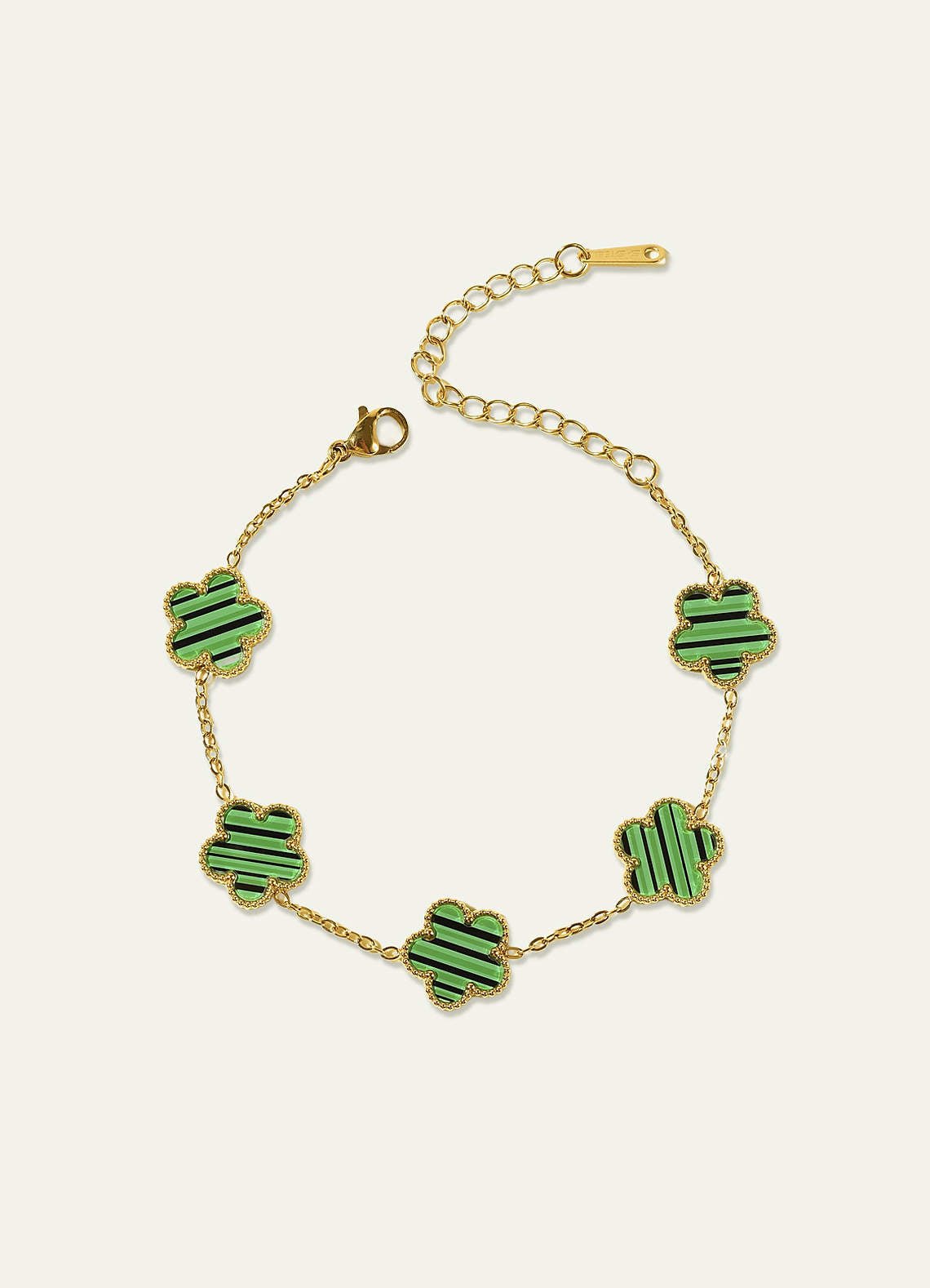 18K Gold Plated Stainless Steel Five-Leaf Clover Charm Bracelet — green — 图 11/16