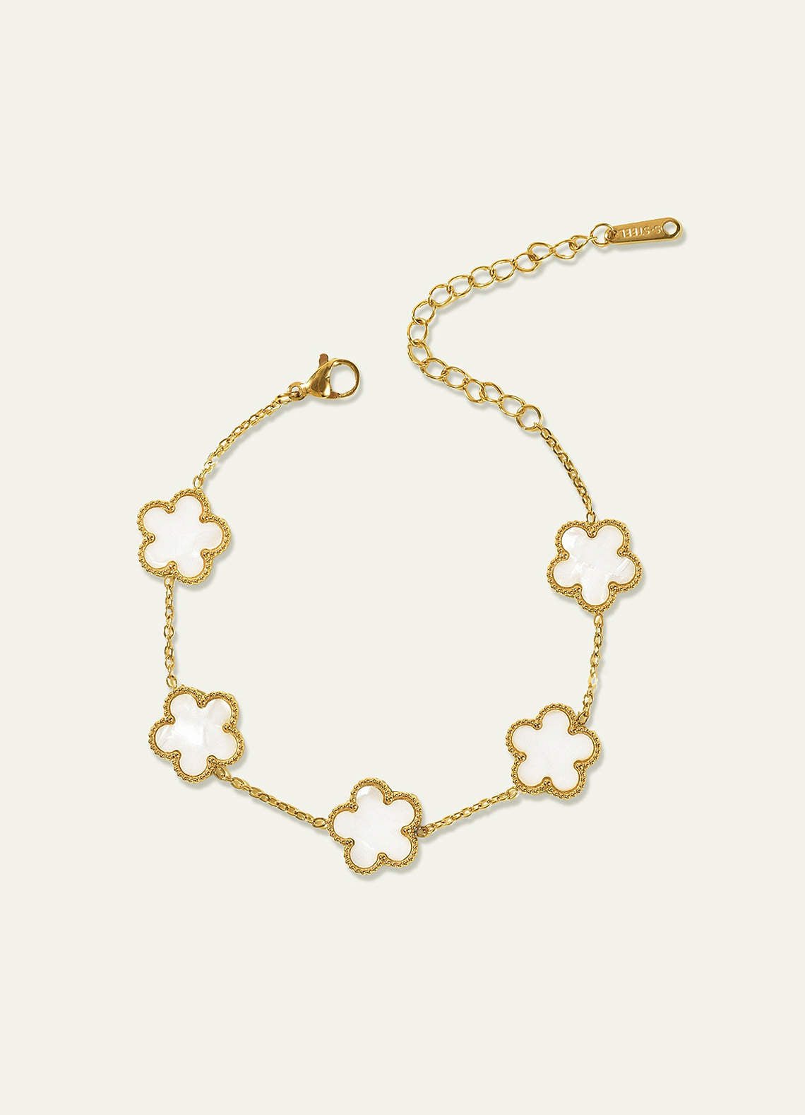 18K Gold Plated Stainless Steel Five-Leaf Clover Charm Bracelet — white — 图 13/16