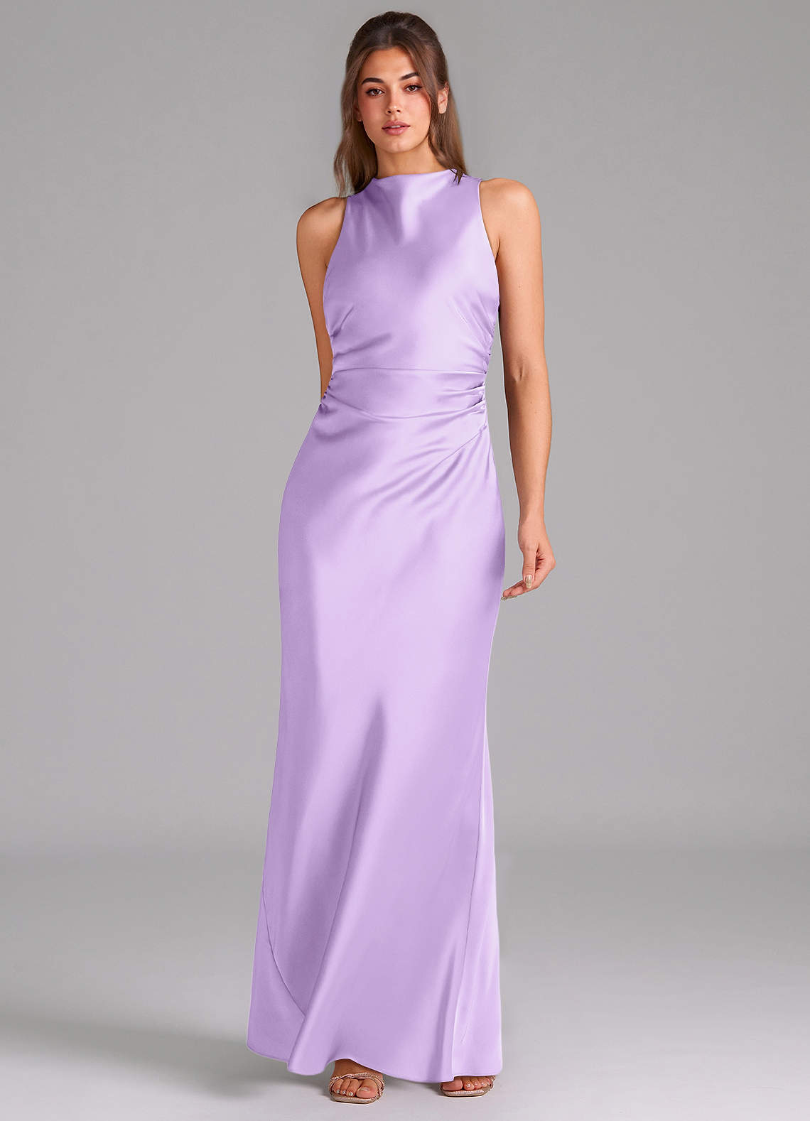 Evadne Sheath Scoop-Neck Stretch Satin Bridesmaid Dress in Lilac