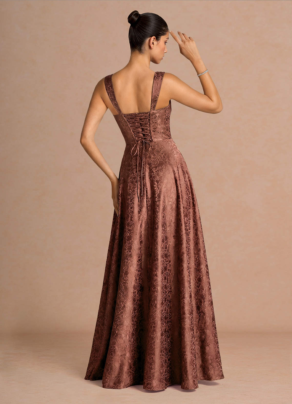 Elowena A-Line Square-Neck Satin Jacquard Evening Dress in Brick Red