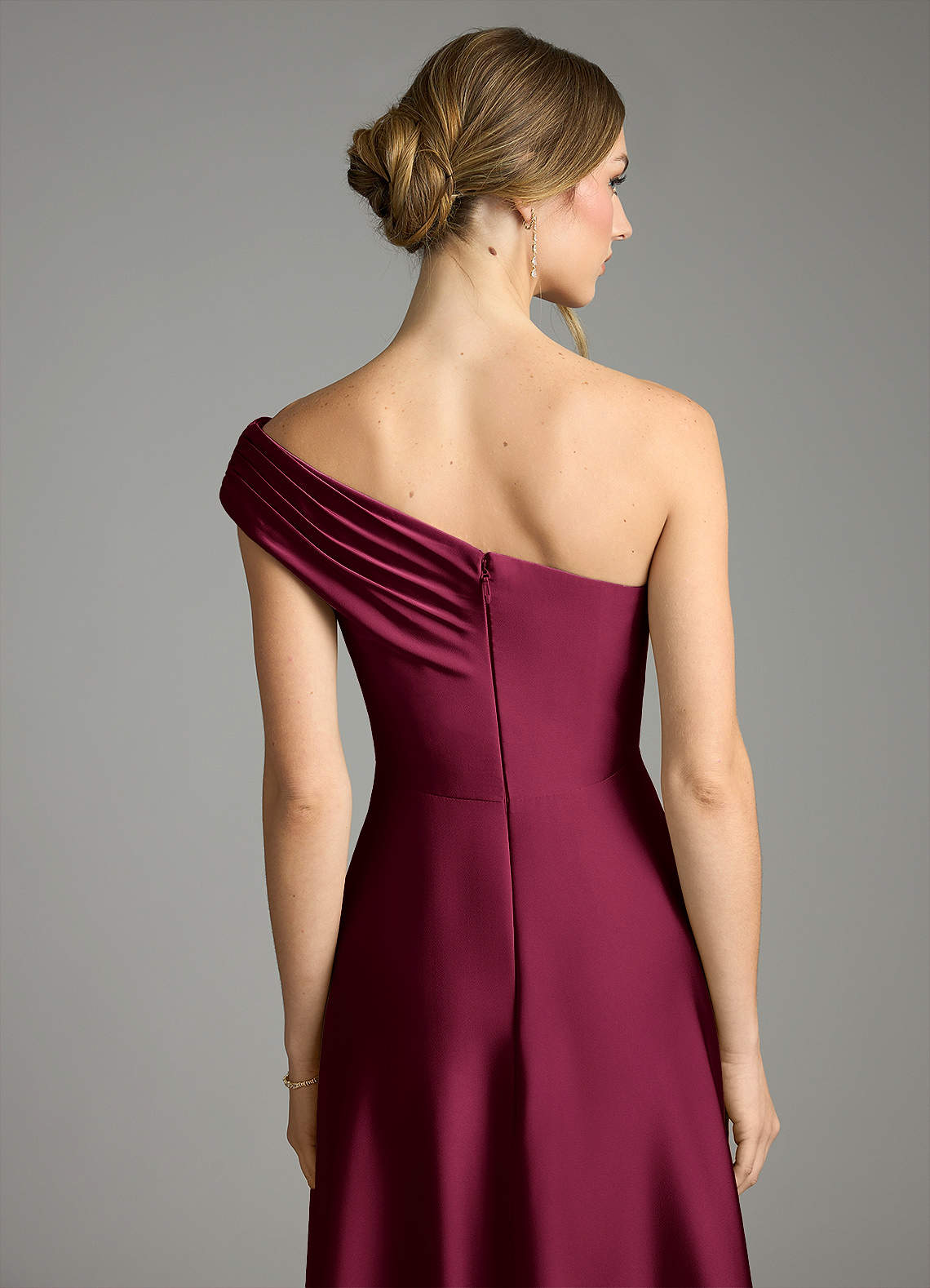 Melanie A-Line One-Shoulder Stretch Satin Bridesmaid Dress in Burgundy