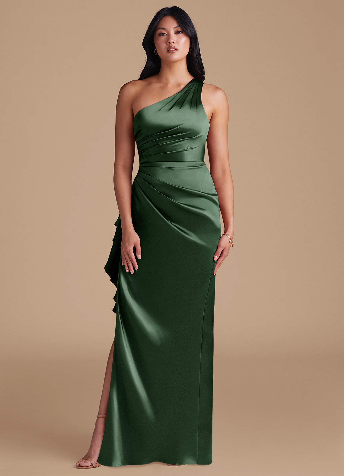 Latrice Sheath One-Shoulder Metallic Satin Bridesmaid Dress in Eucalyptus