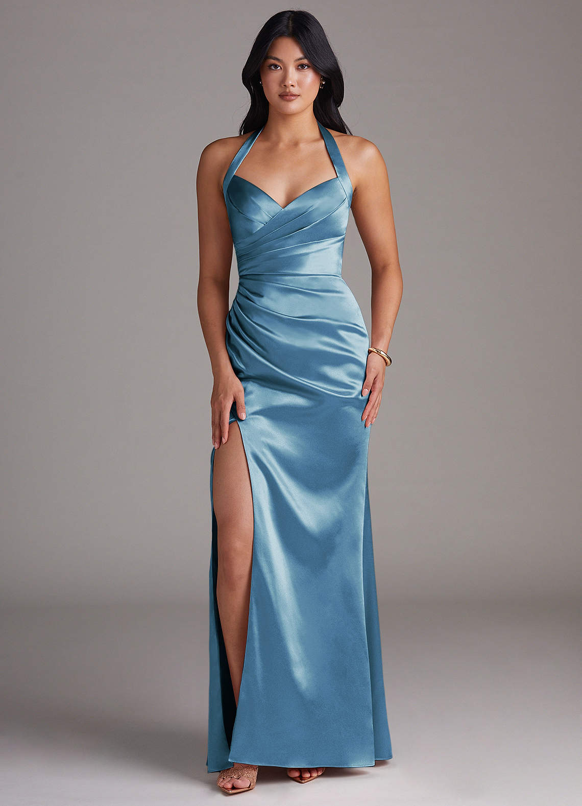 Emeria Sheath Halter Metallic Satin Bridesmaid Dress in Steel Blue
