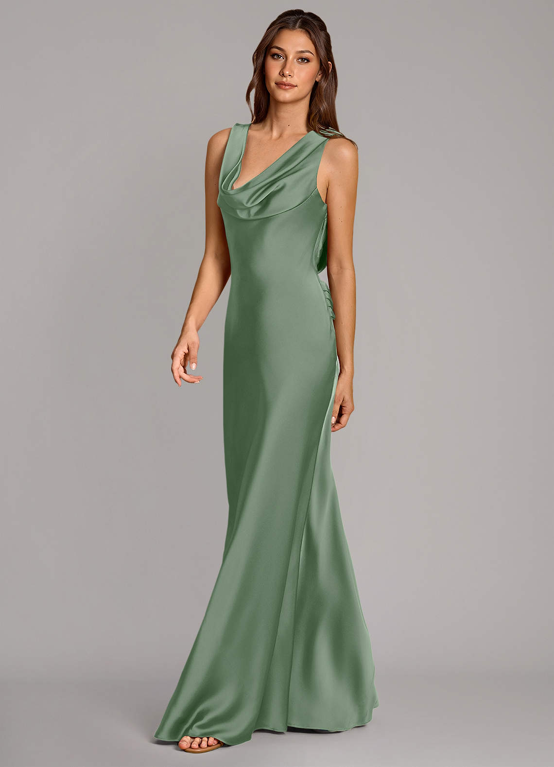 Cheryl Mermaid Cowl-Neck Stretch Satin Bridesmaid Dress in Matcha