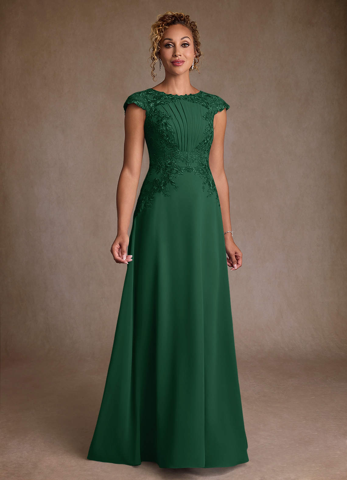 Christi A-Line Scoop-Neck Chiffon and Lace Mother of the Bride Dress in Dark Green