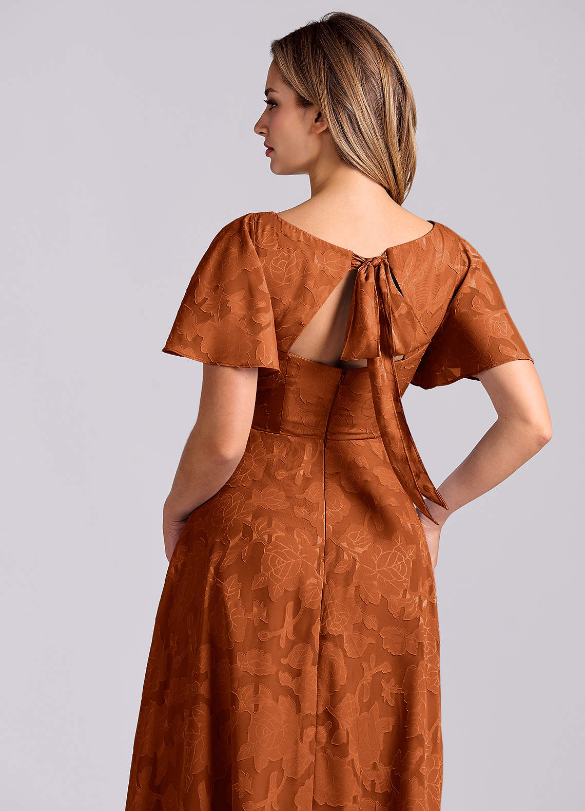 Kimber A-Line V-Neck Floral Burnout Bridesmaid Dress in Burnt Orange