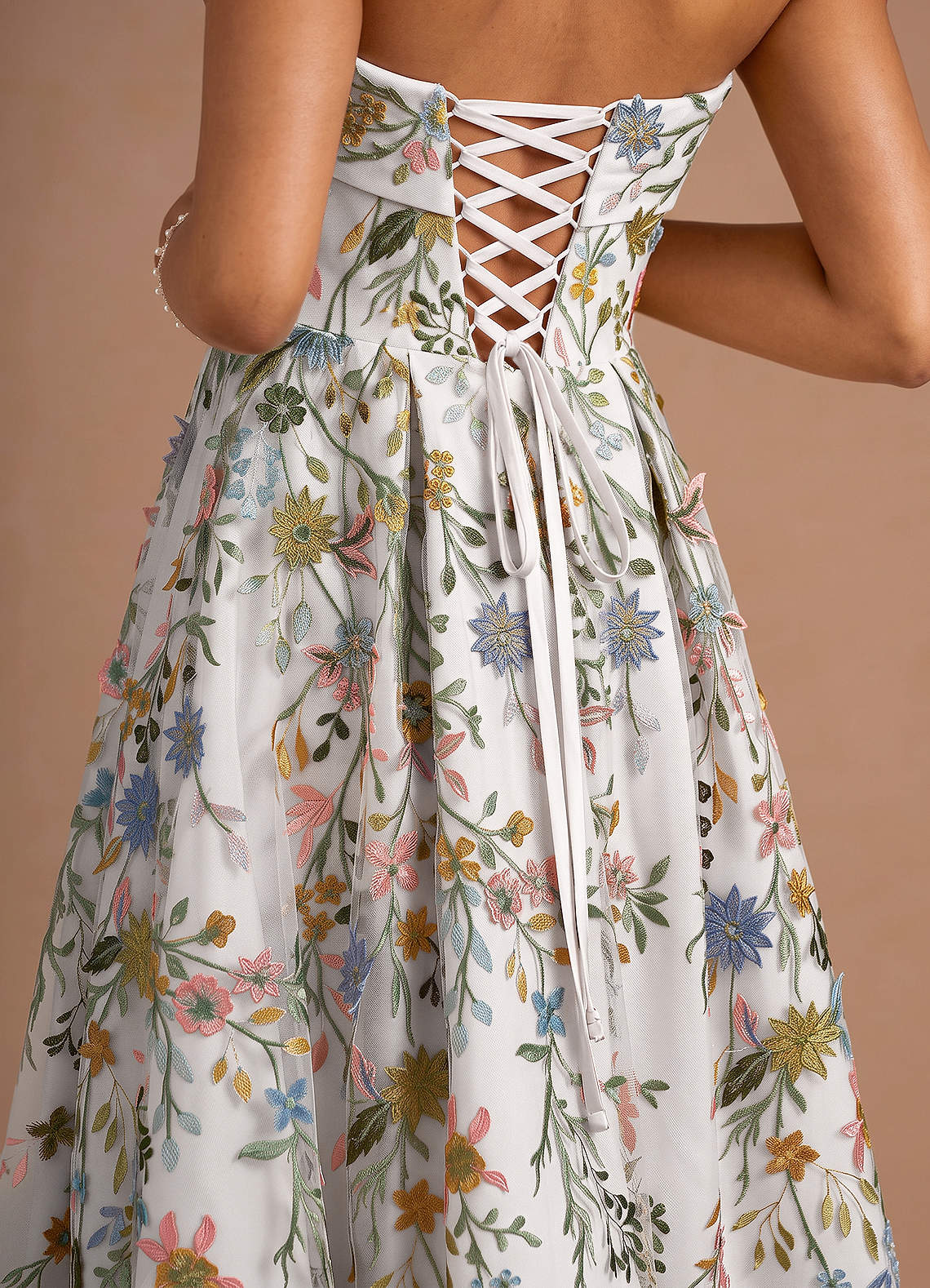 Evangeline Strapless Corset Floral Lace Evening Dress in White