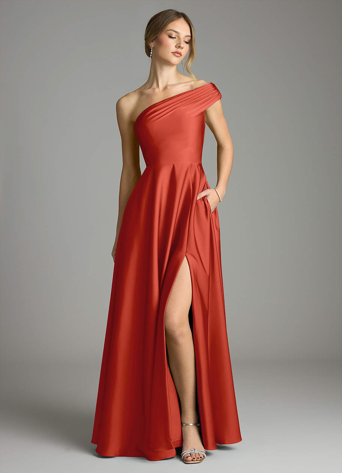 Melanie A-Line One-Shoulder Stretch Satin Bridesmaid Dress in Rust