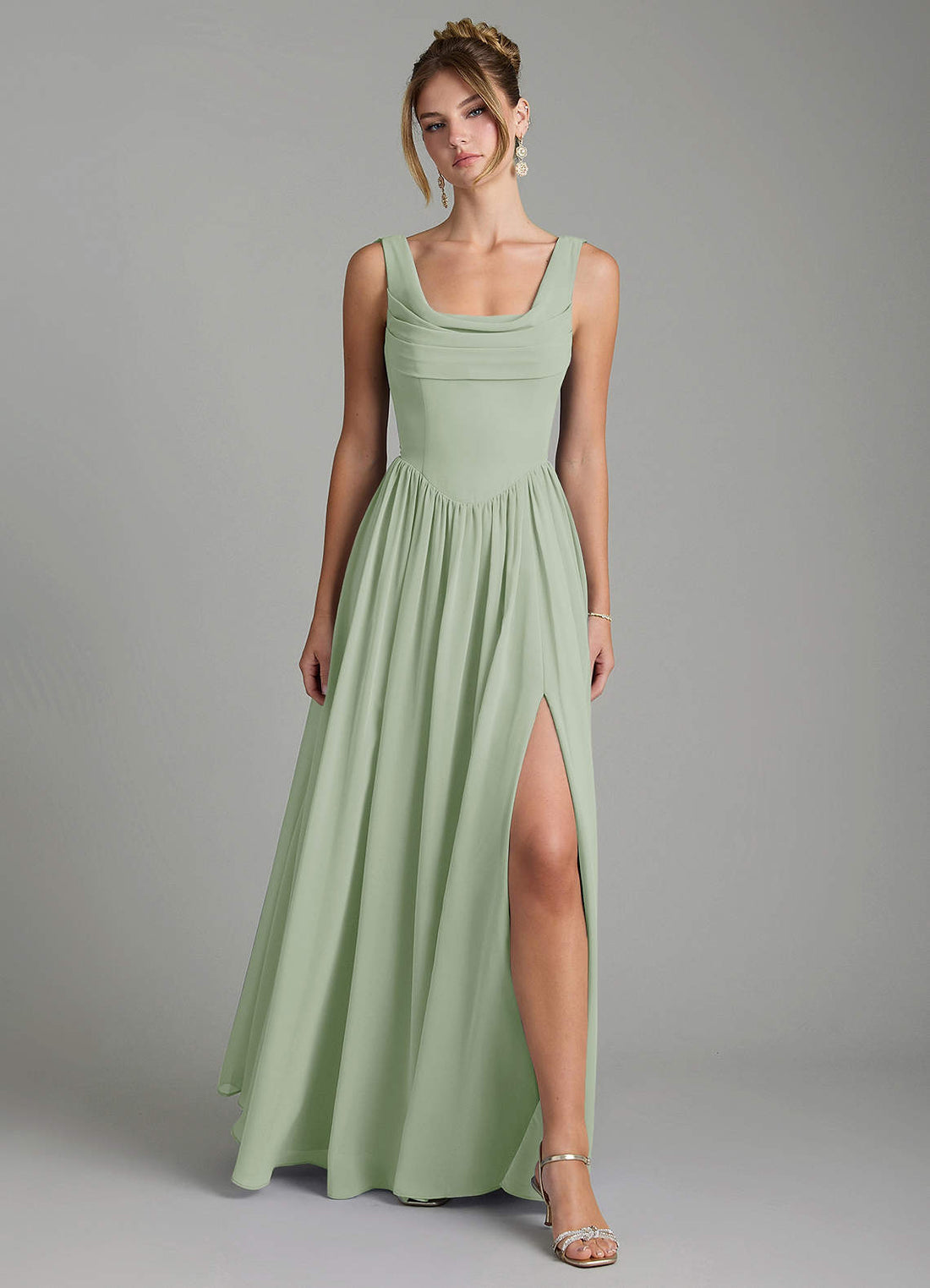 Novi A-Line Square-Neck Chiffon Bridesmaid Dress in Dusty Sage