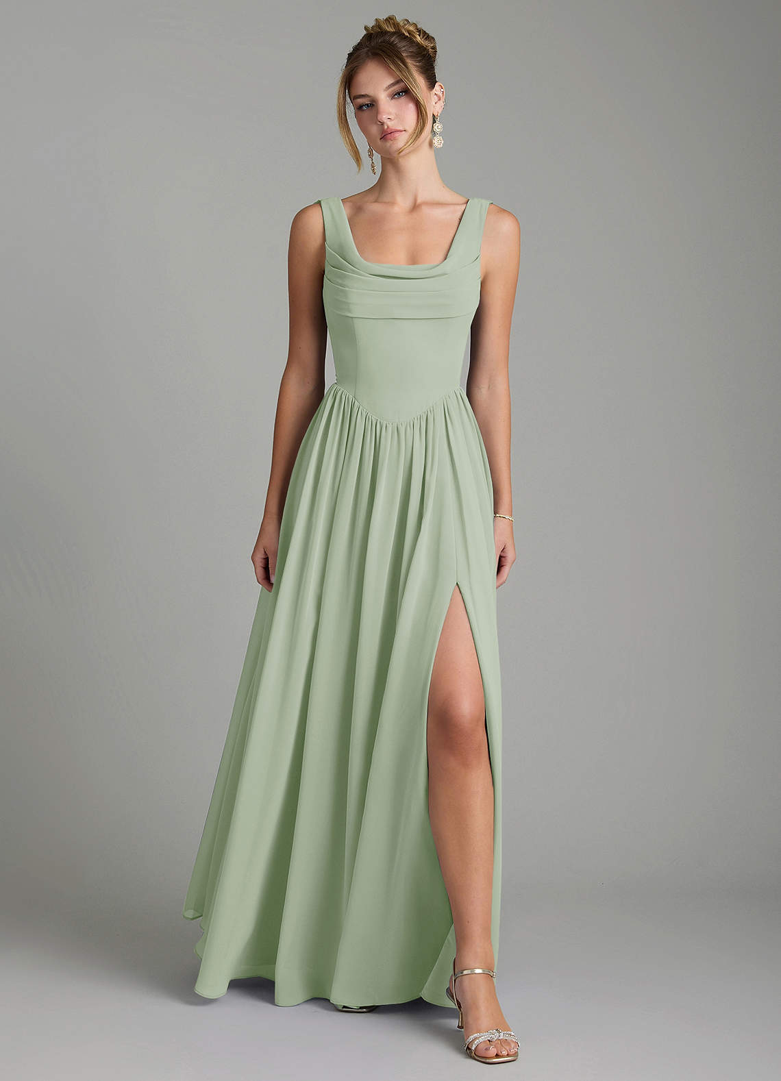 Novi A-Line Square-Neck Chiffon Bridesmaid Dress in Dusty Sage