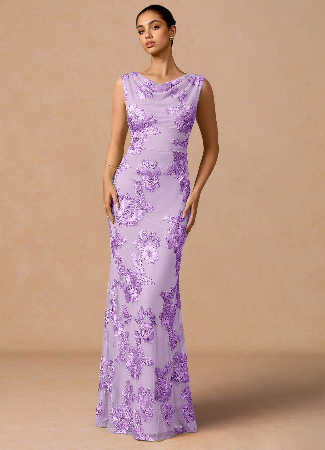 Elowis Column Open-Back Floral Mesh Evening Dress in Forest Green