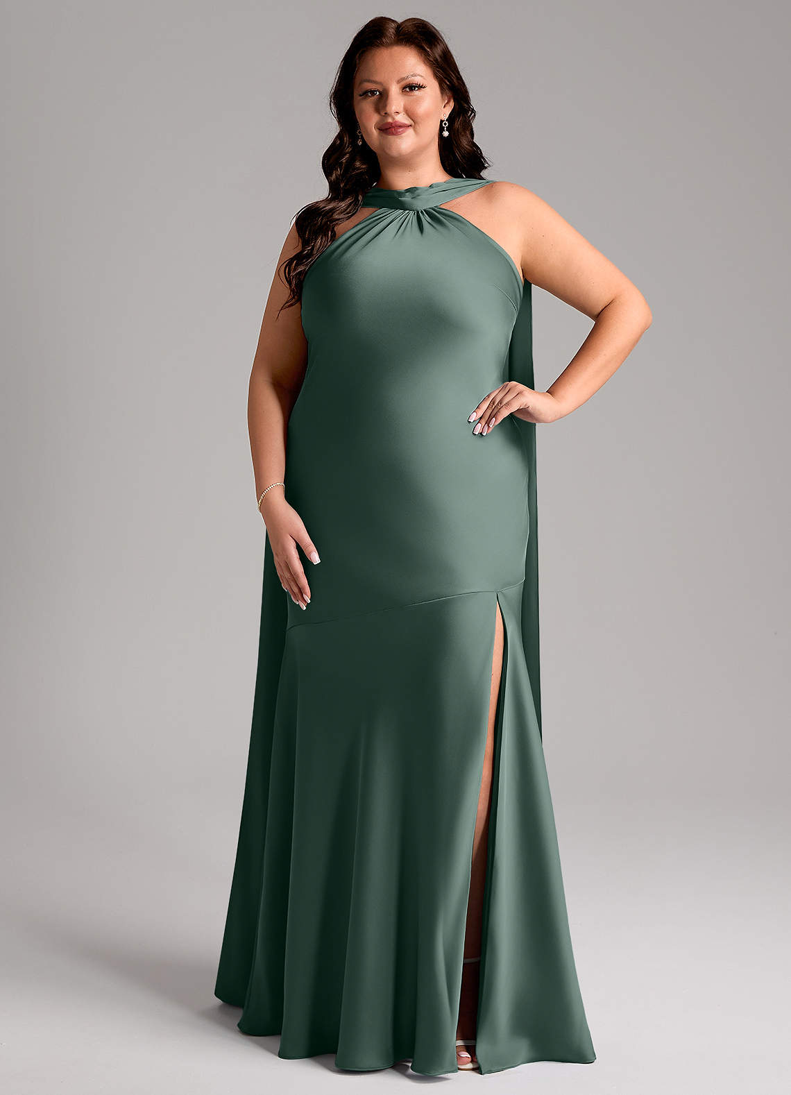 Kinsley Mermaid Halter Stretch Satin Bridesmaid Dress in Sea Moss
