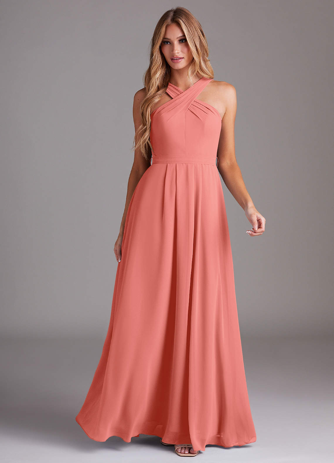 Dixie A-Line Halter Chiffon Bridesmaid Dress in Salmon Pink