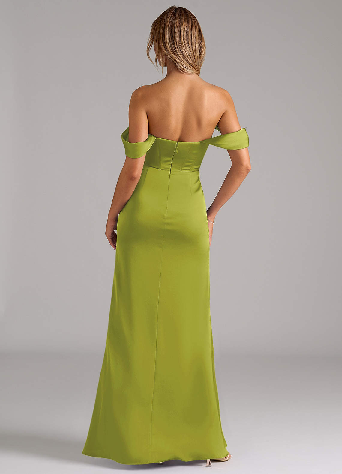 Johana Mermaid Off-the-Shoulder Stretch Satin Bridesmaid Dress in Lemongrass