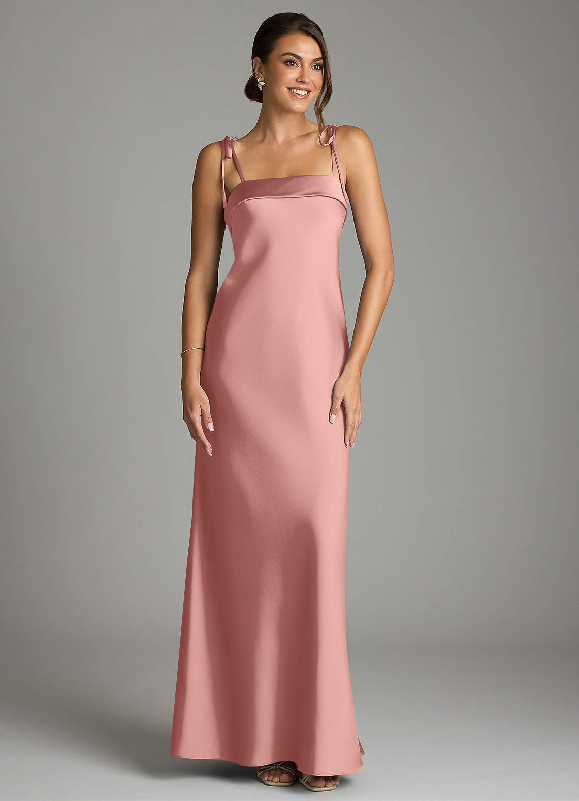 Ellia Sheath Straight-Neck Stretch Satin Bridesmaid Dress in Rosette