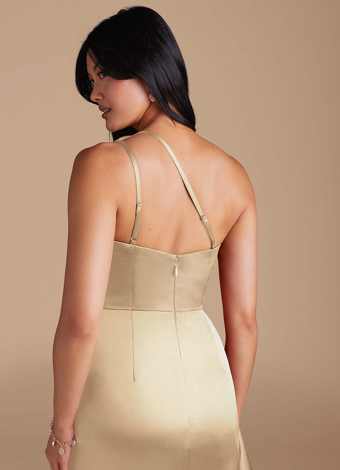Latrice Sheath One-Shoulder Metallic Satin Bridesmaid Dress in Champagne