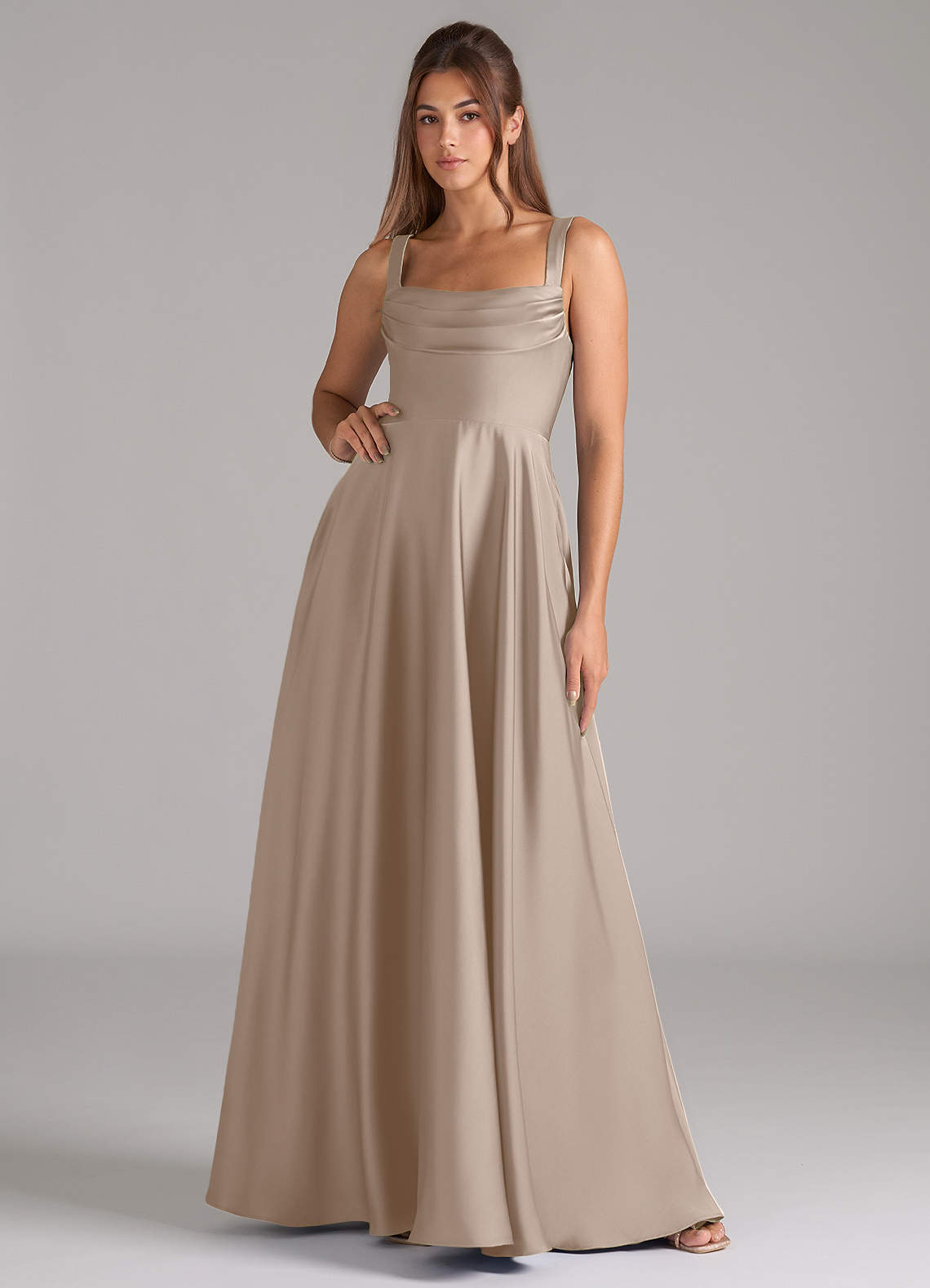 Shaude A-Line Square-Neck Stretch Satin Bridesmaid Dress in Taupe