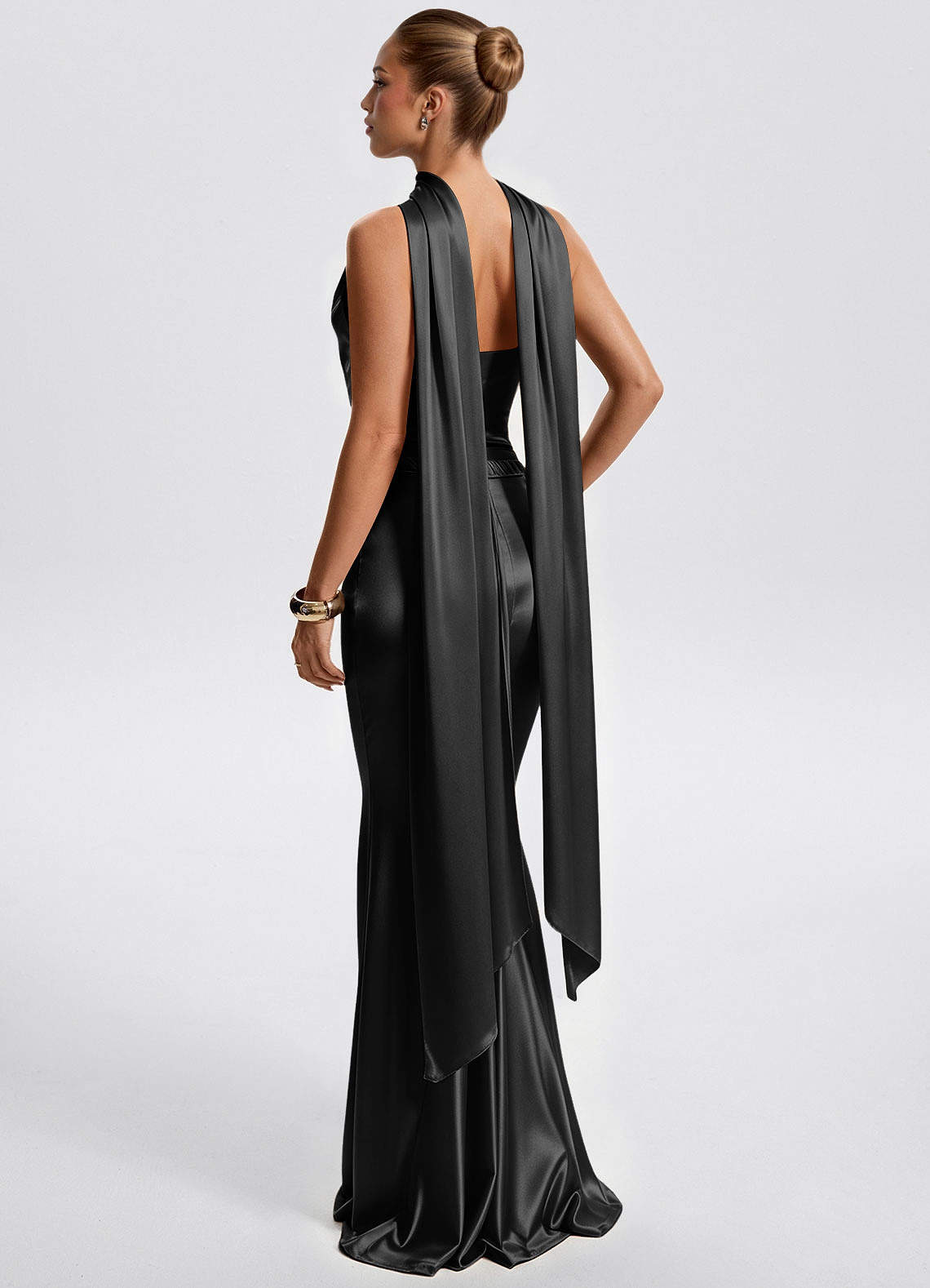 Fernley Mermaid Corset Stretch Satin Evening Dress in Black