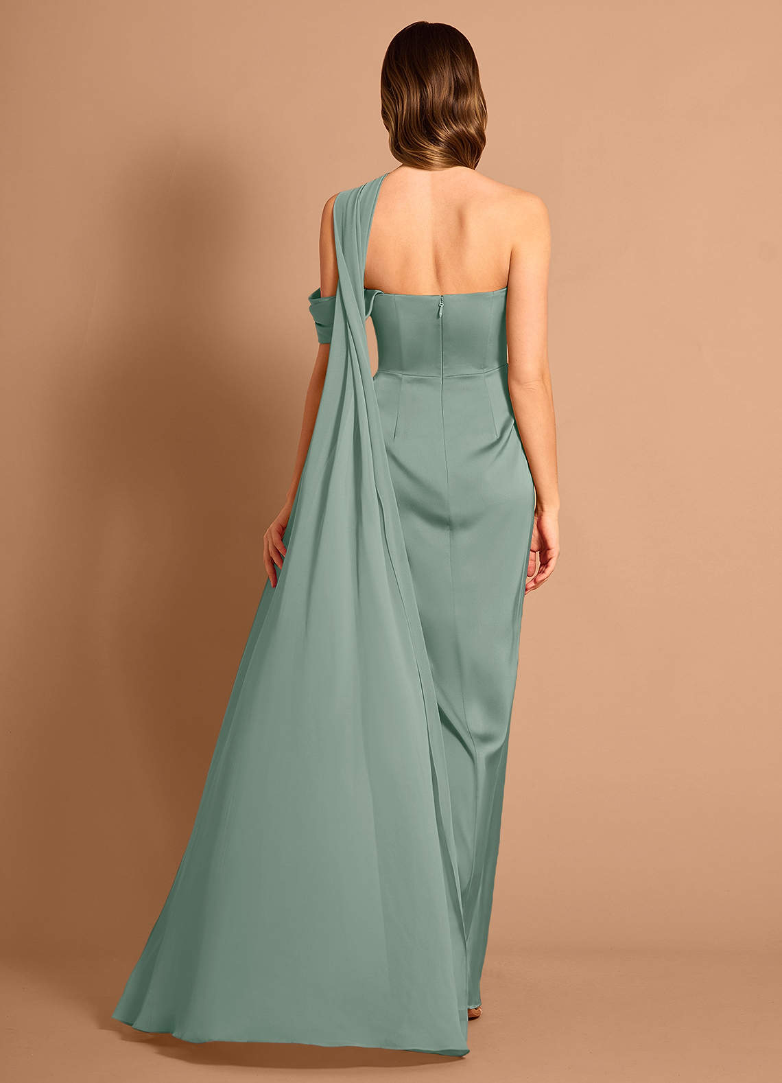 Meliora Asymmetric Strapless Chiffon-Drape Stretch Satin Evening Dress in Vintage Sage