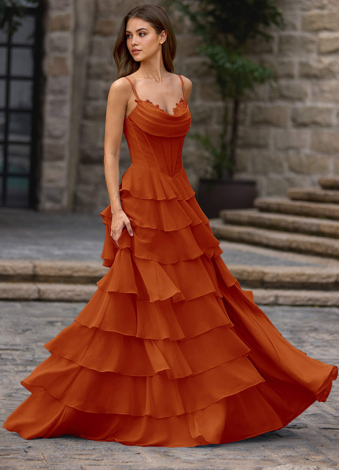Floralace A-Line Ruffle Chiffon Evening Dress in Paprika